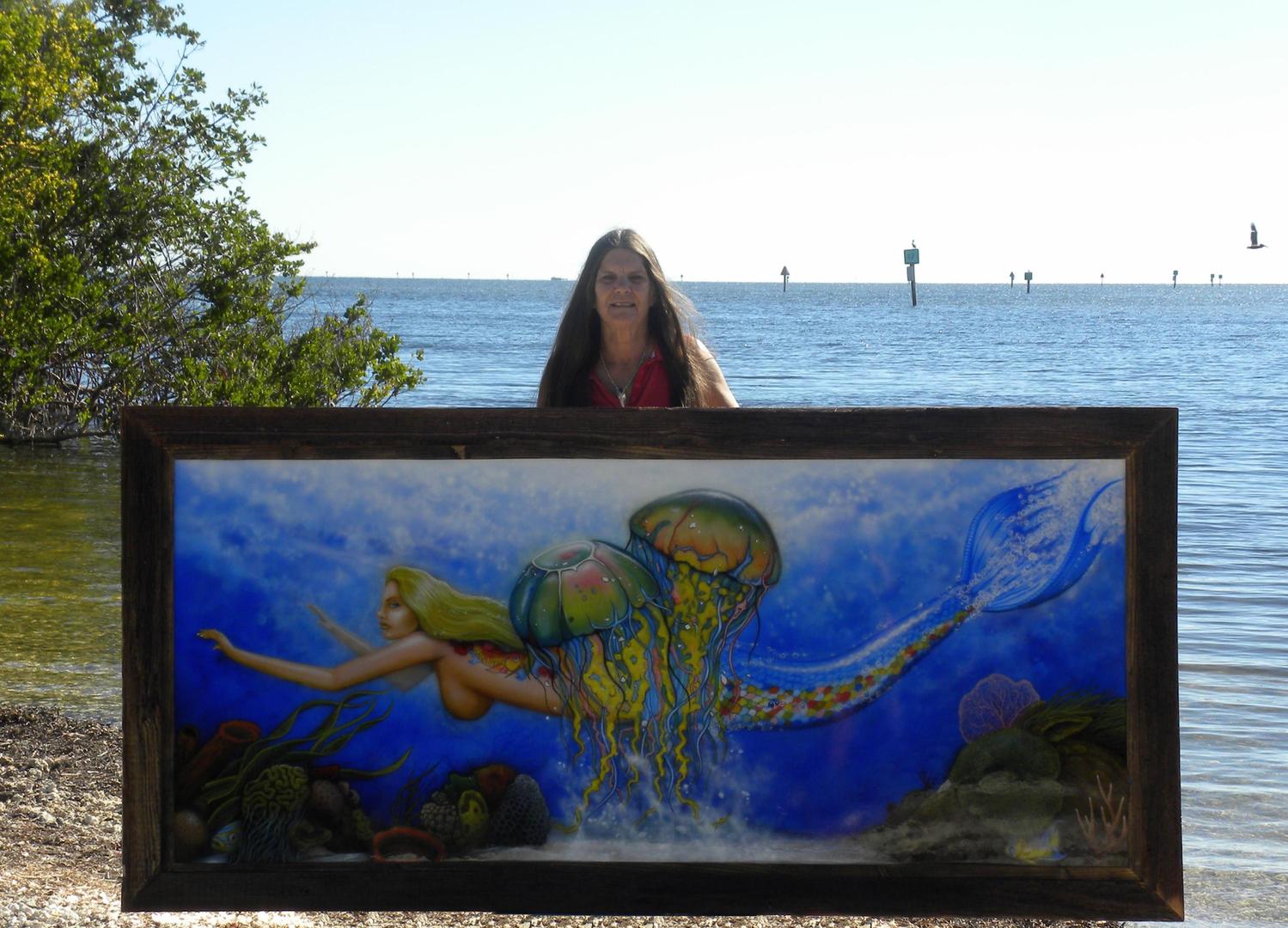 Mermaid Adrian Air Brushed Original 3' x 7' Mural On Metal Art By Rodney Nelson - Double Framed